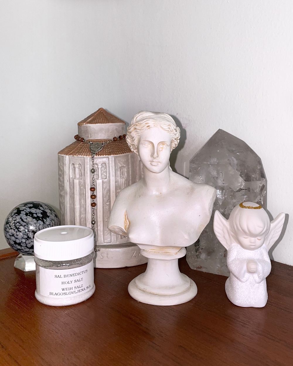 a statue of Sveti Donat, giant quartz crystal, bust from Athens, and other objects