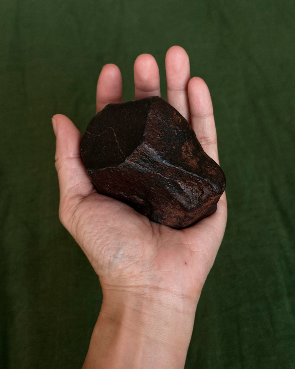 Tin Nguyen holding a small, chondrite meteorite